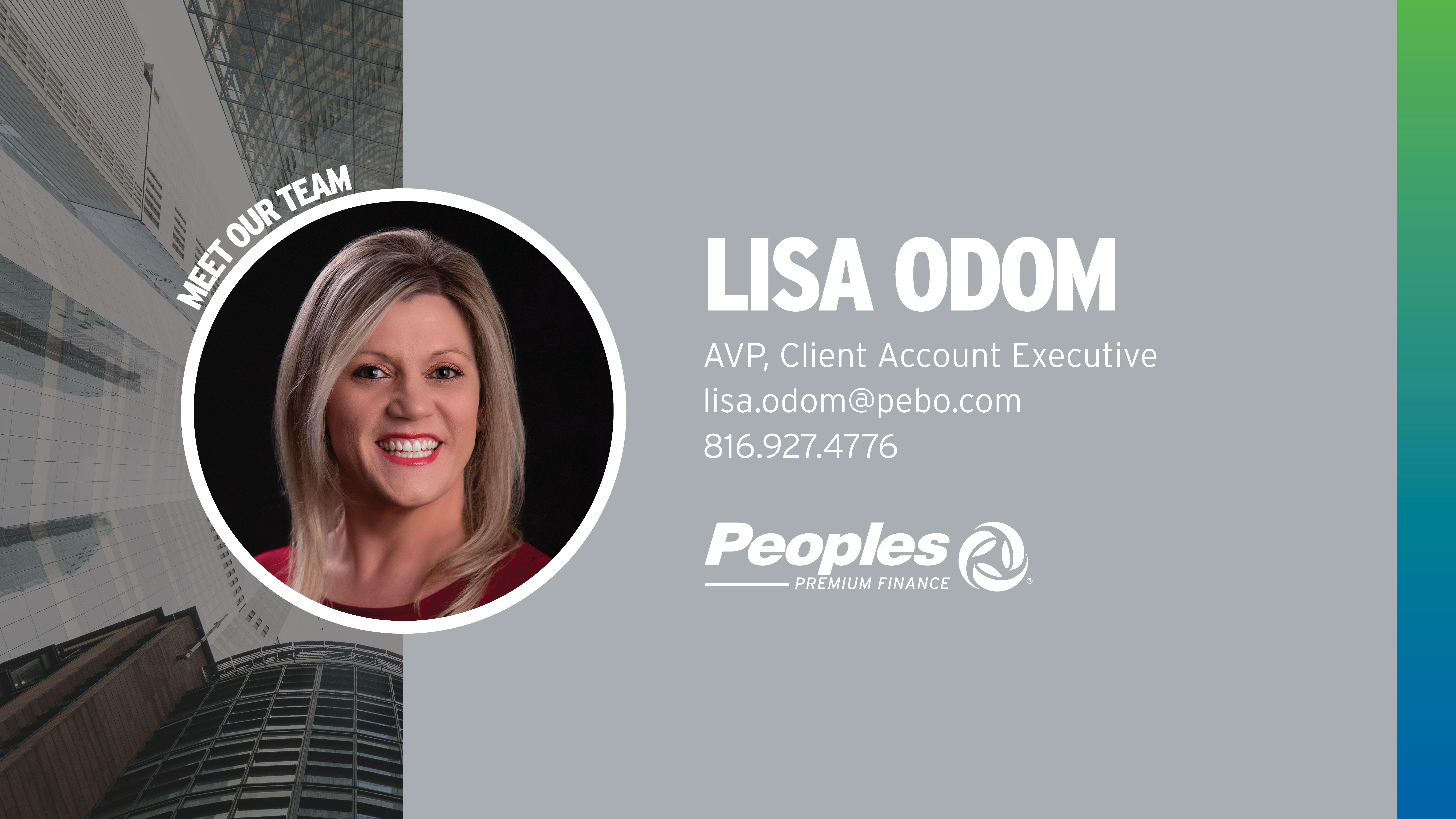 Meet Our Team: Lisa Odom, AVP Client Account Executive. Email lisa.odom@pebo.com or call 806.927.4776. Peoples Premium Finance logo.
