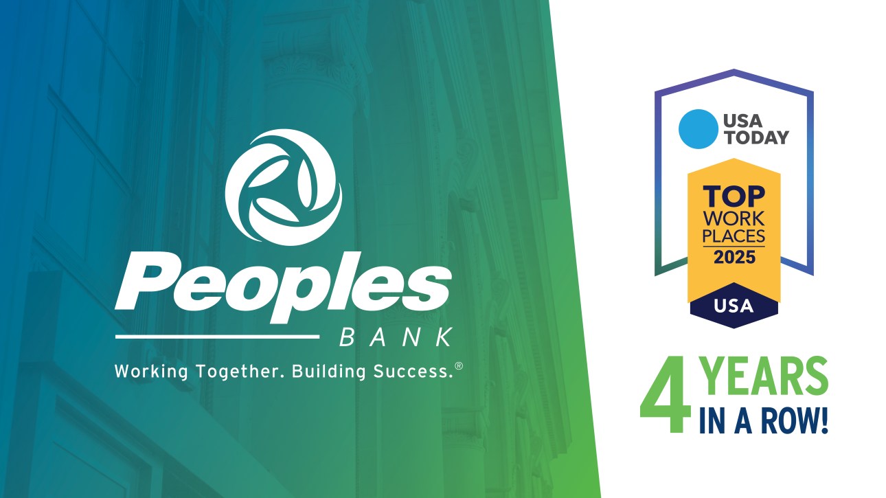 Peoples Bank logo + USA Today Top Workplaces 2025 4 years in a row.