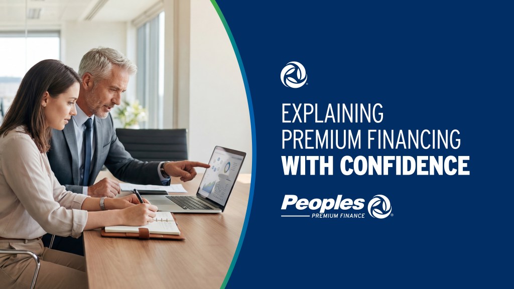 Explaining Premium Finance with Confidence. Peoples Premium Finance logo. A female and male sit together at a desk looking over financial information.