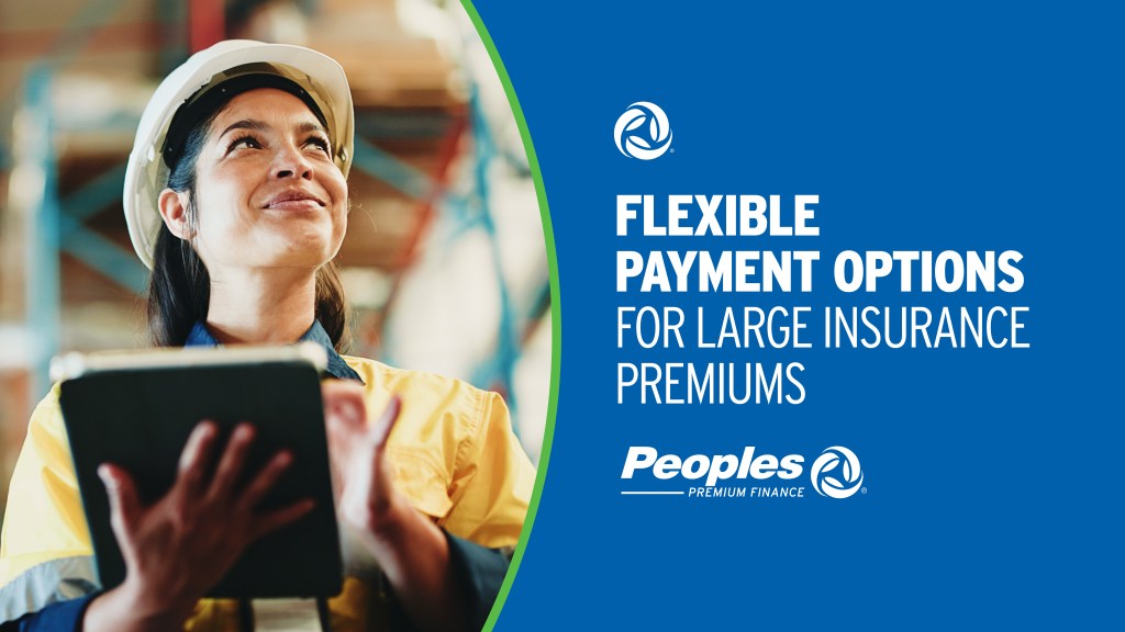 A female operator stands in a business warehouse taking inventory. Text reads: Flexible payment options for large insurance premiums. Peoples Premium Finance logo.